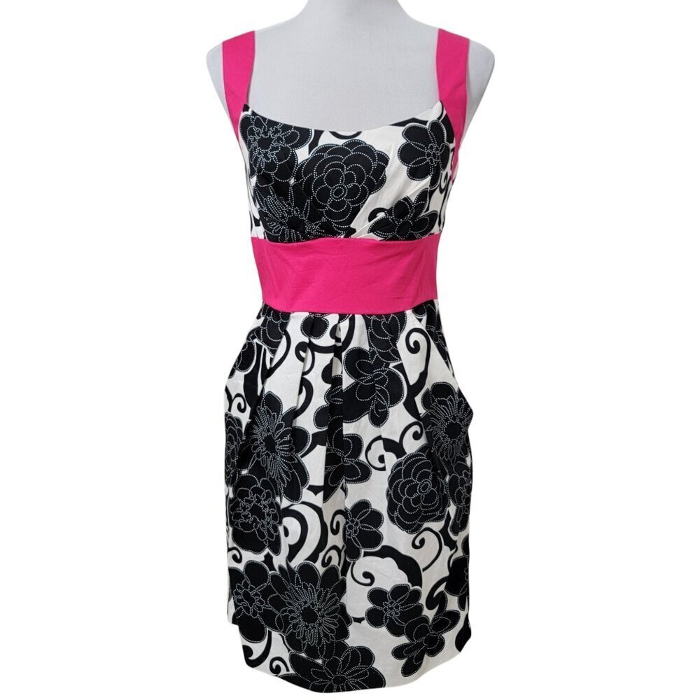 B. Smart Size 8 Black and White Floral Dress with Pink Trim, Exc. Used Condition